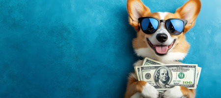 Cool Successful Dog With Sunglasses Holds Out Cash Money On Pastel Turquoise Backgroundの素材