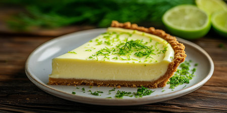 Slice of Creamy Key Lime Pie Garnished with Lime Zest and Fresh Dill on Rustic Wooden Tableの素材