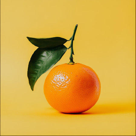 Fresh, Vibrant Tangerine with Attached Green Leaves, Isolated on a Bold Yellow Backgroundの素材