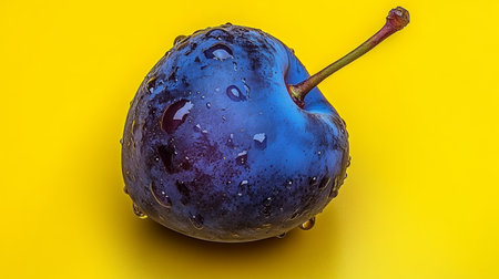 Vibrant, Ripe Plum on Yellow A Study in Purple and Contrast, Isolated Fruit Photographyの素材