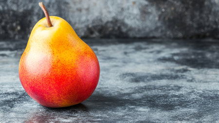 Ripe, Vibrant Red and Yellow Pear Isolated on a Dark, Textured Background with Copy Spaceの素材