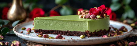 Slice of Green Tea Pistachio Cake Decorated with Roses and Crushed Pistachios on White Plateの素材