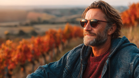 Contemplative Mature Man in Autumn Vineyard at Sunset, Portrait with Colorful Foliageの素材