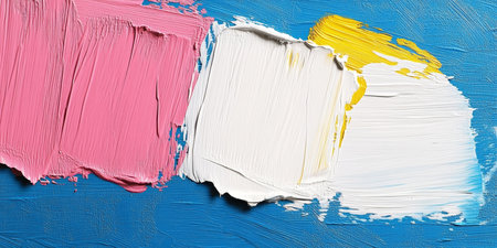 Pink, Yellow, and White Paint Strokes on a Vibrant Blue Background, Abstract Art Textureの素材