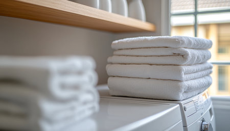 Fresh and Clean Stacked White Towers in a Modern Laundry Room Bathed in Natural Lightの素材