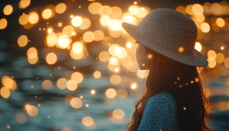 Woman in Straw Hat Contemplates Sparkling Sea at Sunset, Travel and Summer Vacation Conceptの素材