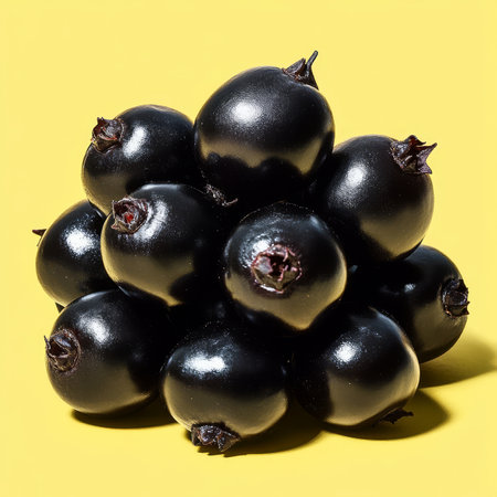Cluster of Ripe Dark Berries, Vibrant Purple and Black Hues, Isolated on Yellow Backgroundの素材