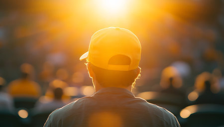 Man At Crowded Stadium Event, With Back To Camera, Summer Golden Hour Sunset, And Copy Space.の素材