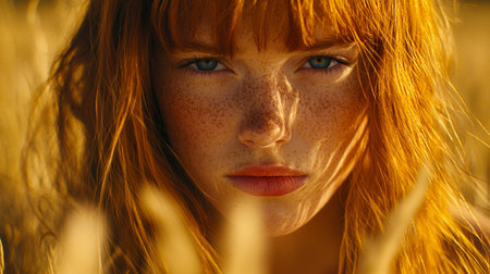 Confident Redhead Woman with Freckles, Blue Eyes, and Luminous Skin in Nature, Portraitの素材