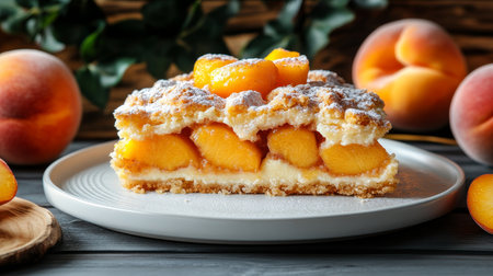 Delicious Peach Cobbler Cake Slice with Fresh Peaches A Summer Dessert on White Plateの素材