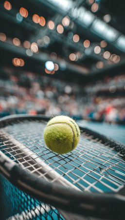 Tennis Ball on Racket, Indoor Court Background Sports Action and Competition Conceptの素材