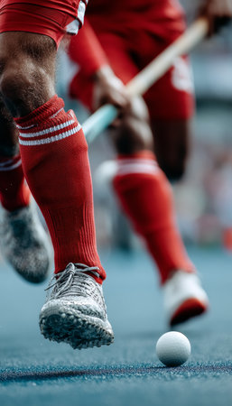 Field Hockey Player Demonstrates Speed, Agility, And Stick-Handling During A Competitive Match.の素材