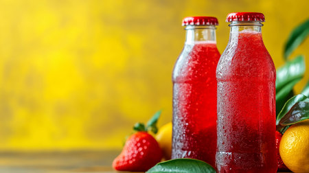 Two Bottles with Red Drink, Condensation with Tropical Leaves, Strawberries, and Citrus Fruitの素材