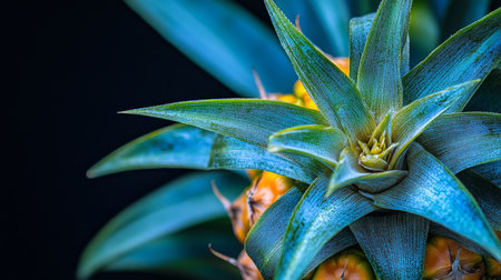 Close-up of Vibrant, Spiky Pineapple Crown and Budding Fruit, Isolated on Black Backgroundの素材