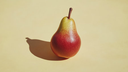 Ripe Red And Yellow Pear With Stem, Isolated On A Vivid Yellow Backdrop, Casting A Subtle Shadowの素材