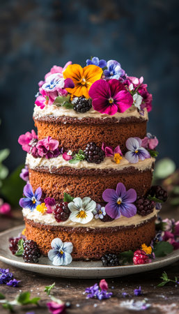 Three-Layer Celebration Cake with Edible Flowers, Berries, and Buttercream Frosting on a Plateの素材
