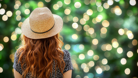 Young Woman in Straw Hat Enjoying Summer Vacation Defocused Green Bokeh Background with Copy Space.の素材