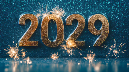 Shiny 2029 New Year Celebration With Sparkles and Fireworks on Blue Glitter Backgroundの素材