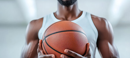 Close-Up, Basketball Focus Player Holding A Basketball With Concentration And Resolveの素材
