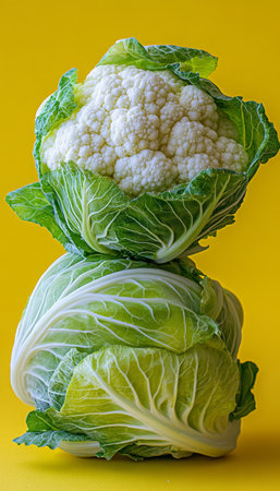 Two Fresh Raw Cauliflowers, Bright White Florets, Vibrant Green Leaves, Isolated on Yellowの素材