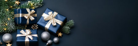 Elegant Christmas Gift Arrangement, Ornaments And Sparkly Stars On Blue Background With Copy Spaceの素材