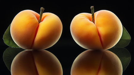 Two Fresh, Ripe Apricots on Black Background with Stems, Natural Lighting with Reflections.の素材