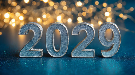 Silver 2029 Numerals on a Sparkly Teal Background A Festive Image for New Year Celebrationsの素材