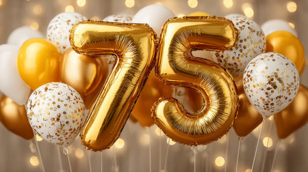 Golden Number 75 Balloons With Festive Celebration Decoration, Birthday Party Conceptの素材