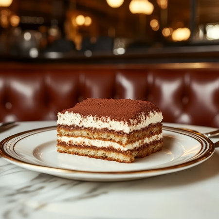 Luscious Tiramisu Square A Slice of Classic Italian Dessert Delight on an Elegant Plateの素材