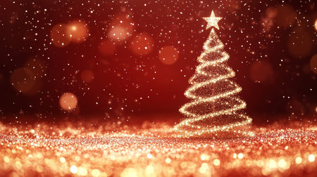 Sparkling Golden Christmas Tree on Red Festive Glitter Background Bokeh Lights Greeting.の素材