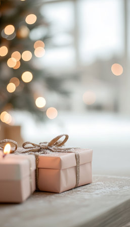 Delicate Pink Christmas Gift Boxes, Soft Lights, Festive Home Decor for Winter Holidays.の素材