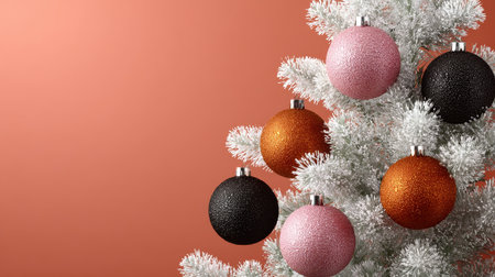 Festive Christmas Tree Decorated with Orange, Pink, and Black Baubles on an Orange Backgroundの素材