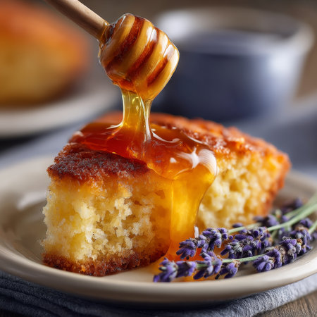 Slice of Lavender Honey Cake Drizzled with Honey and Garnished with Lavender Sprigs on a White Plateの素材