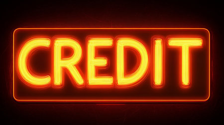 Bright Glowing Orange Neon Sign With The Word Credit On A Dark Background, Financial Conceptの素材