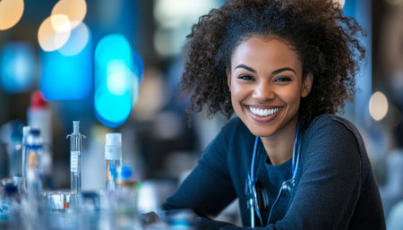 Smiling African American Female Doctor or Nurse Portrait in a Modern Hospital Setting.の素材