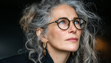 Portrait of a Confident Senior Woman with Gray Hair and Glasses on a Blurred Backgroundの素材