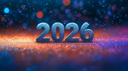Silver Glitter 2026 New Year Celebration Banner on a Sparkling Defocused Colorful Backgroundの素材