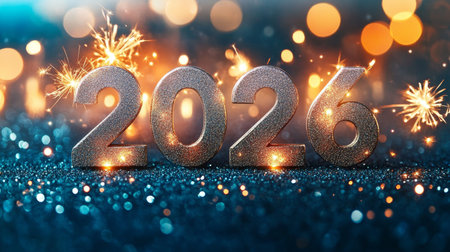 Sparkling Silver 2026 New Year Celebration with Festive Colorful Fireworks on Blue Glitterの素材