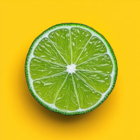 Lime Slice, Vibrant Green, Isolated on Yellow, Fresh Citrus Fruit, Juicy Center, Tropical Vitamin Cの素材