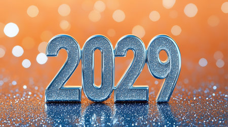 Silver 2029 Numbers On Sparkling Orange Festive Glitter Background, Happy New Year Conceptの素材