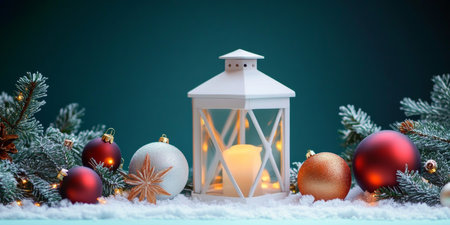 Christmas Lantern on Snowy Table with Fir Branches and Ornaments on a Blurred Backgroundの素材
