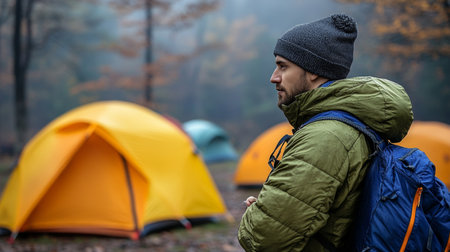 Man Enjoying Tranquility In Nature, Standing At A Misty Campsite With Tents In Autumnの素材