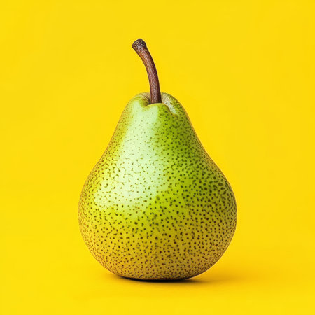 Isolated Ripe Green Pear on a Vibrant Yellow Background, Perfect for Healthy Eating Conceptsの素材