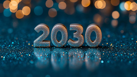 Silver Sparkling 2030 New Year Numbers On Shiny Emerald Glitter Background With Golden Bokeh Lightsの素材