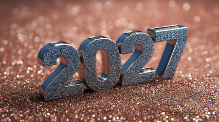 Silver 2027 Numbers on Sparkling Coral Background, Happy New Year Celebration Conceptの素材