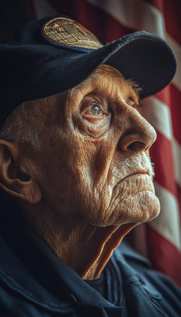 An Elderly American Veteran Reflects on Veterans Day Portrait with USA Flag Backgroundの素材