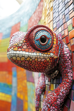 Red Eyed Tree Chameleon Showcasing Mosaic Camouflage, A Stunning Display On A Vibrant Wallの素材