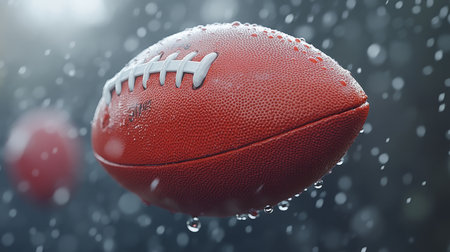 Classic Wet Football Suspended in the Air, Water Droplets Falling, Ideal for Sports Projects.の素材