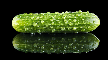 Fresh, Green Cucumber Covered in Water Droplets, Isolated on Black Background with Reflectionの素材