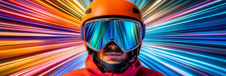 Snowboarder With Mirrored Goggles On Motion Blurred Defocused Background, Winter Sportsの素材